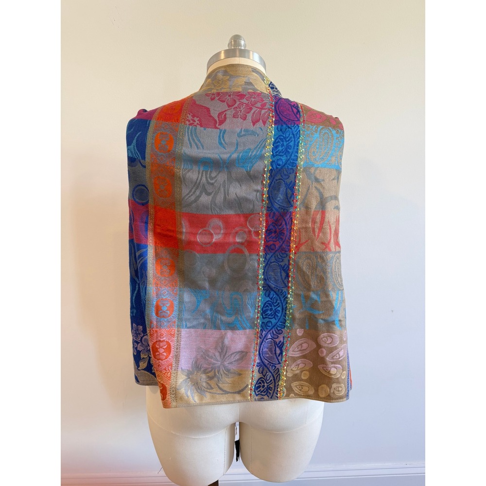 Pashmina Silk Blend Patchwork Paisley Scarf Shawl Wrap Blue Orange Pink Fringe - Picture 5 of 6